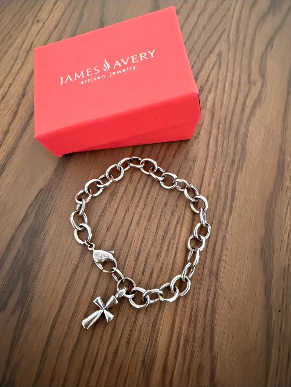 James Avery Silver St. Teresa Cross Charm Bracelet with Polished Links - Picture 3 of 3